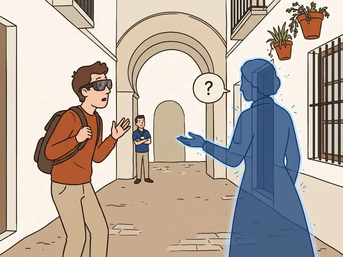 Illustration: a translucent figure from another century appears in an alley and someone wearing the glasses asks a question.
