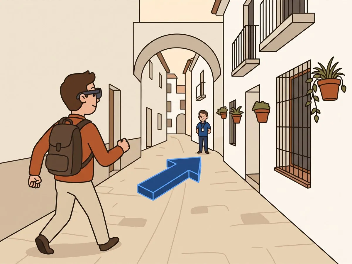 Illustration: someone wearing the glasses walks down an alley following a blue arrow floating above the ground.