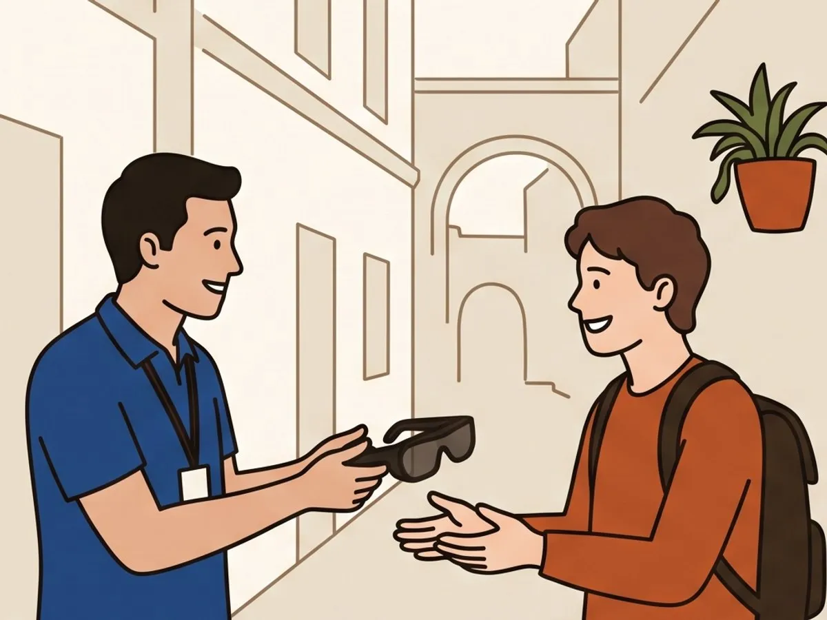 Illustration: the guide hands the glasses to someone in the group and fits them.